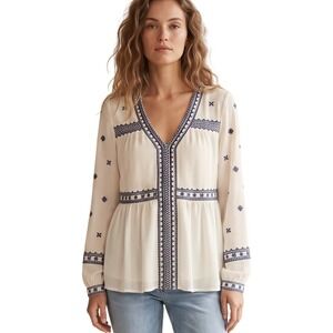 Stella & Dot MAETTE Cream‎ Navy Blue Embroidered V-Neck Boho Peplum Blouse Small